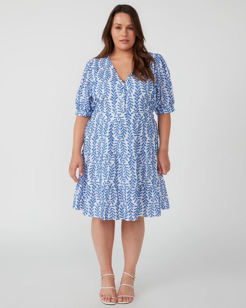 Front of a model wearing a size 20W La Croisette Dress in Blue/Milk by Estelle. | dia_product_style_image_id:349824